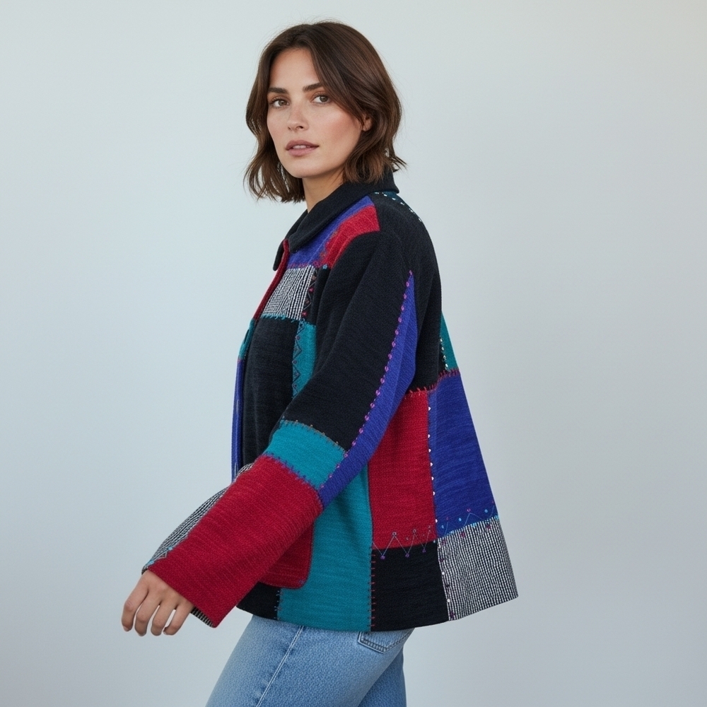 Vintage Koret Jacket Women M Patchwork Colorblock Embroidered Button Mixed Media